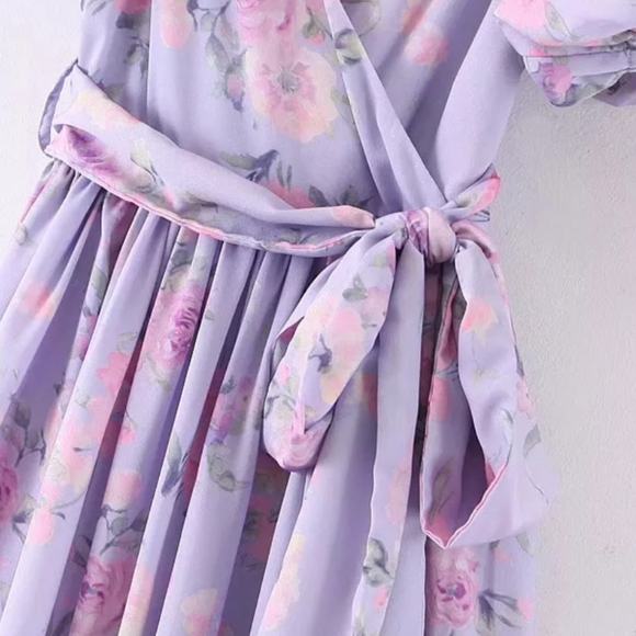 Lilac Floral Puff Sleeve High Waist Surplice Maxi Dress with Bow - Picture 8 of 16